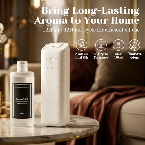 CoreFavor Waterless Essential Oil Diffuser with 120ml Oil, Portable Battery-Operated Cold Air Aroma Scent Machine, 4 Adjus...