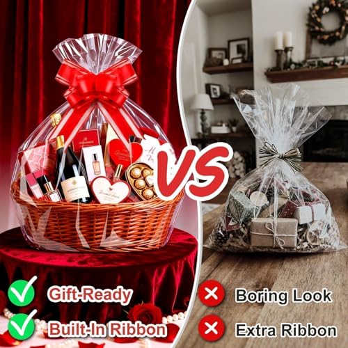 PigPotParty 24x30 Inch Large Cellophane Bags for Gift Baskets with Red Ribbon Bows, 10 Pack Clear Plastic Basket Wrap with...