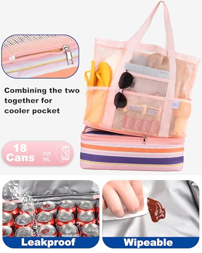 Genteen Beach Bag for Women, Mesh Tote Bags with Zipper, Sandproof Vacation Essentials with Cooler for Swim Cruise Pool