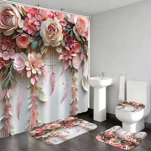 DDQQ Pink Flower Bathroom Shower Curtain Set, Romantic and Cute Rose Floral Polyester Bathroom Decor Set with Shower Curta...