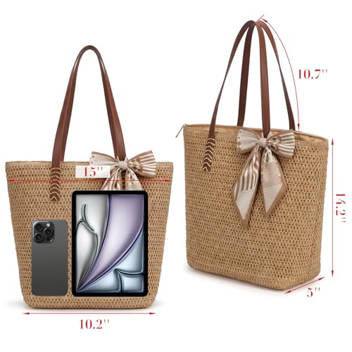 XZQTIVE Summer Beach Crochet Bags for Women Knit&Straw Woven Tote Soft Fabric Boho Shoulder Bag for Vacation Shopping