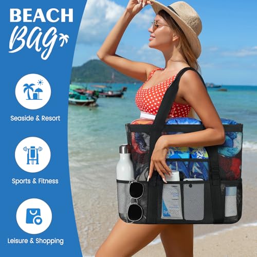 Ymomode Beach Bag - Mesh Beach Bag Large 8 Pockets, Beach Tote Bag Beach Essentials for Vacation Must Haves