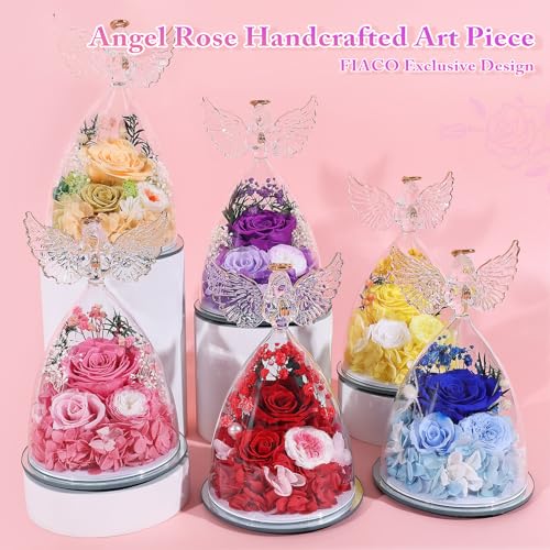 FIACO Gifts for Mom Women Birthday Preserved Rose in Glass Angel Figurine Forever Fresh Flower for Delivery, Mothers Day F...