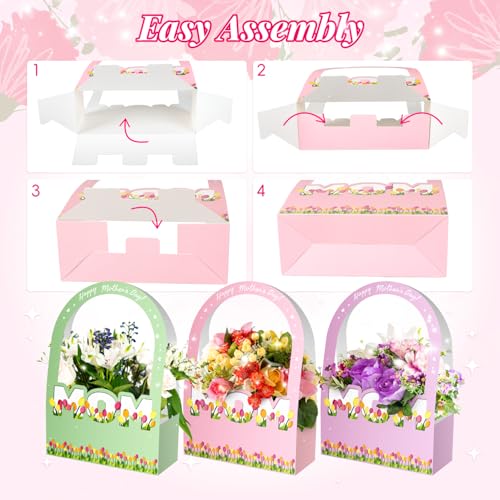 Ranfashiong 6 Pcs Mother's Day Flower Bouquet Paper Boxes Bulk with Long Handles for Florist Floral Gift Packaging for MOM...