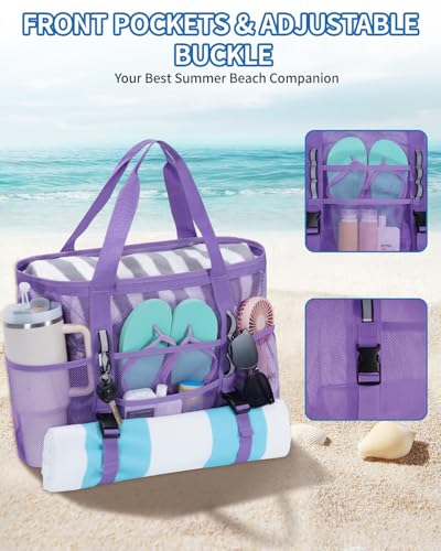 WANDF Mesh Beach Bag for Women, Large Beach Tote Bags with 40oz Tumbler Side Pockets, Family Pool Bag for Swim Toys Towels...