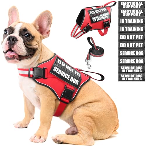MOOGROU Service Dog Vest Harness and Leash Set+10 Patches,No Pull&Adjustable Reflective Dog Harness with Soft Padded Handl...
