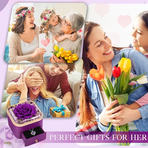Beferr Birthday Gifts for Women Preserved Real Rose with Necklace Eternal Purple Roses Forever Flowers for Delivery Annive...