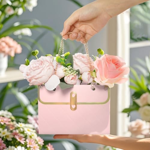 baotongle 6pcs Flower Paper Gift Box Bouquet Storage Bucket Handbag with Metal Chain Flower Boxes for Arrangements Wedding...