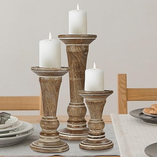Hand Crafted Decorative Wooden Pillar Candle Holder Stand Siren Shape, Rounded Turned Colums, Country Style Ideal for Gif...