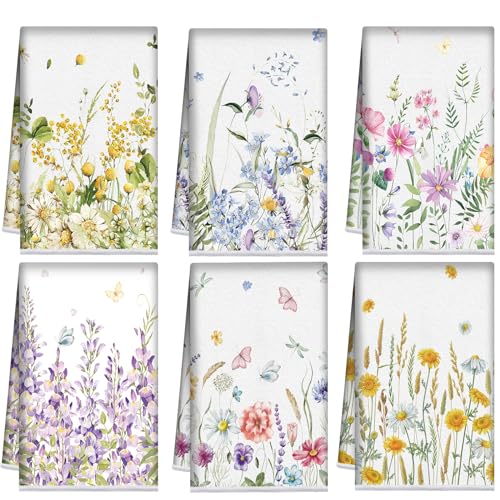 Redbaker 6 Pcs Floral Kitchen Towels Wildflower Print Dish Towels for Kitchen Absorbent Flower Butterfly Hand Decorative S...