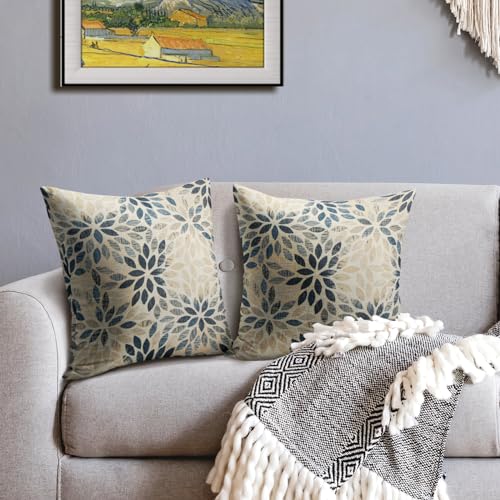 Robvobe Dahlia Pillow Covers 16x16 Set of 2 Rustic Summer Rust Geometric Floral Navy Blue Cream Outdoor Decorative Throw P...