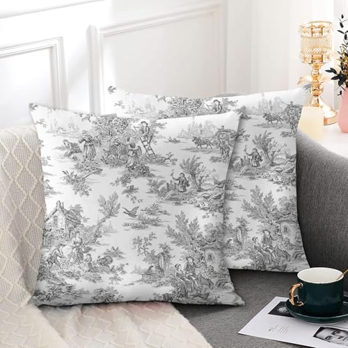 Wsunsal Black Grey Toile Pillow Covers 18x18 Inch Set of 2 Vintage French Country Throw Pillow Cover Farmhouse Square Line...