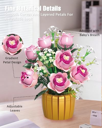 Mavo brix Pink Rose Building Set for Adults, Botanical Flowers Bouquet with Vase, Home Décor Centerpiece, Gift for Women, ...