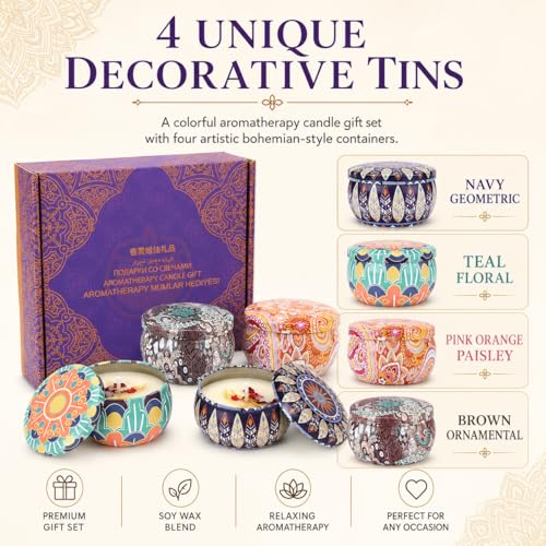 Scented Candles Gift Set for Women, 4 Pack Soy Wax Aromatherapy Candles, Lavender Lemon Vanilla White Peach Mini Tin Candl...
