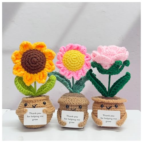 3PCS Adorable Crochet Sunflower/Rose/Daisy,Handmade Knitted Flowers,Crochet Potted Plant,Thank you for Gift,Thank you Gift...