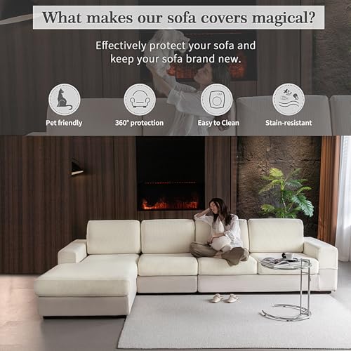 OHSIO Sectional Couch Covers, Wear Resistant Stretch Sofa Covers Washable Soft Couch Cushion Covers Anti Slip Furniture Pr...