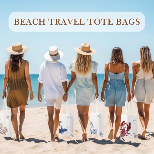 SATINIOR 10 Pcs Beach Theme Canvas Totes Bags Gifts Shopping Bags Reusable Grocery Handbags for Women Travel Cruise Wedding