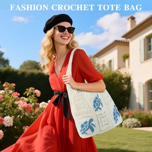 Topdear Crochet Tote Bag for Women, Aesthetic Crochet Mesh Beach Tote Bag, Summer Vacation Knitted Bag for Women Shoulder