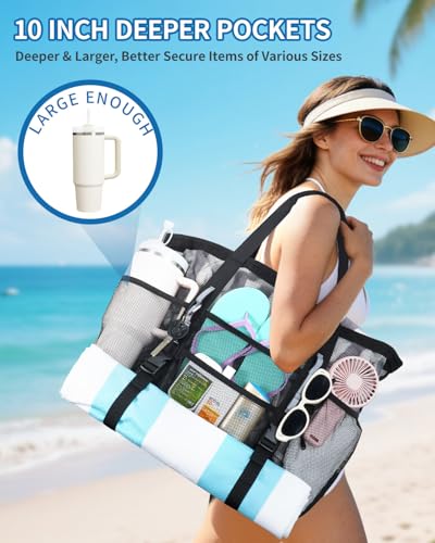 WANDF Mesh Beach Bag for Women, Large Beach Tote Bags with 40oz Tumbler Side Pockets, Family Pool Bag for Swim Toys Towels...