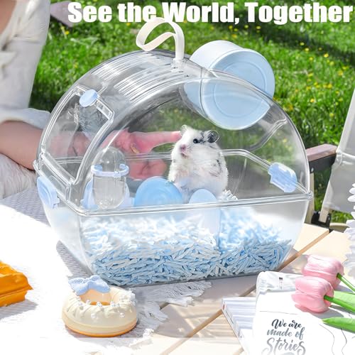 Small Portable Hamster Cages,Big Size(13×8.2×10.8'') Hamster Carrier with Water Bottle,Dwarf Hamster Travel Cage with Stor...