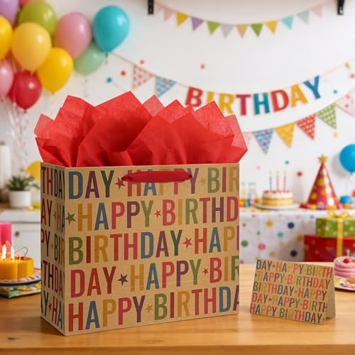 Yusenguan 13" Kraft Happy Birthday Gift Bag, Colorful Lettering & Star Design with Tissue Paper and Greeting Card, Sturdy ...