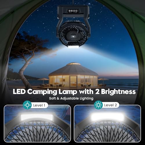 Fentara Camping Fan with 64H Runtime, Rechargeable Battery Powered Portable Fan with LED Light, Quiet Travel Tent Fan for ...
