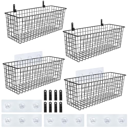 4 Set [EXTRA LARGE] Hanging Wall Mount Storage Baskets with Adhesive Hooks & Steel Hooks, Multiuse Sturdy Wire Metal Organ...
