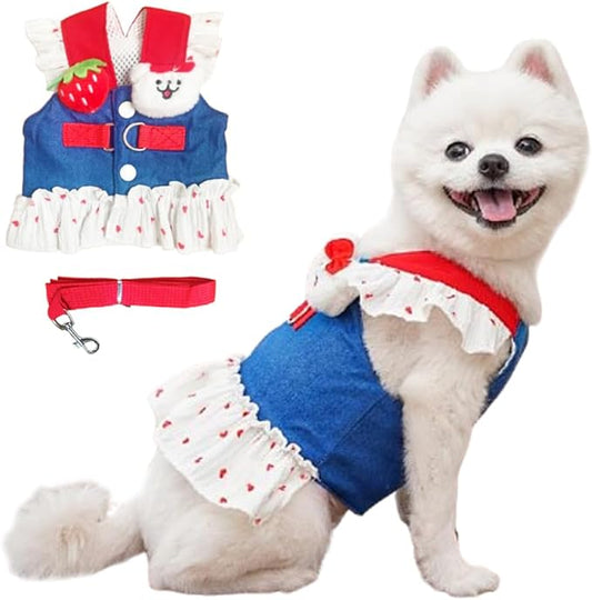 ANIAC Denim Dog Dress Harness with Leash Set Cute Small Dogs Clothes Girl Heart Patterns Puppy Dresses Breathable Mesh Cat...