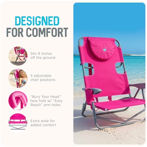 Ostrich the Heavy-Duty Backpacker, Portable Beach Chair with Face Hole, Adjustable Lounge Chair with Face Opening, Cup Hol...