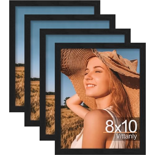 Vittanly 8x10 Picture Frame Set of 4, Display Pictures 5x7 with Mat or 8x10 without Mat, Engineered Wood with Shatter Resi...