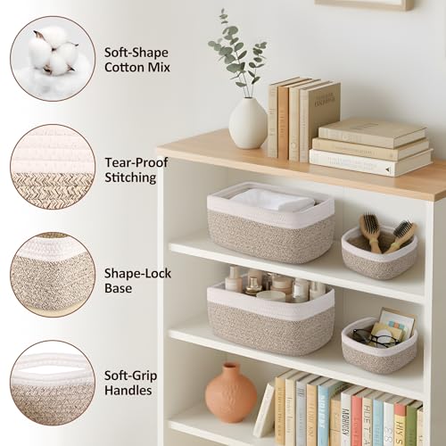 VIRETH HAUS 5-Pack Small Woven Rope Storage Baskets – 2 Sizes Organizer Bins for Closet, Shelf, Bookshelf, Nursery, Changi...
