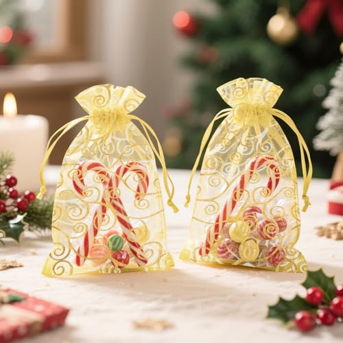 G2PLUS Organza Gift Bags 5x7 Inches - 50Pcs Sheer Mesh Organza Bags with Gold Rattan Printed, Drawstring Tulle Jewelry Pou...