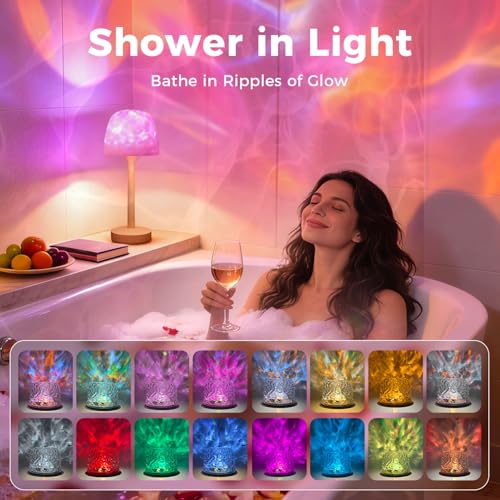 YJHAOTOU Waterproof Shower Lamp with 16 Color Ocean Wave Projector, Rechargeable LED Light with Remote & Touch Control, 3 ...
