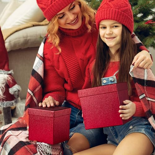 UNIQOOO 5Pcs Red Glitter Xmas Gift Box Set with Lid, Assorted Size, Square Nested Wedding Keepsake Boxes, Holiday Paper Bo...