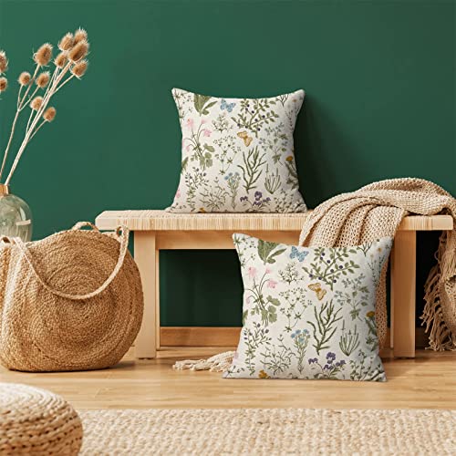 AEIOAE Spring Pillow Covers 20x20 Inch Set of 2,Sage Green Wild Flower Plant Throw Pillows Case,Seasonal Floral Outdoor De...