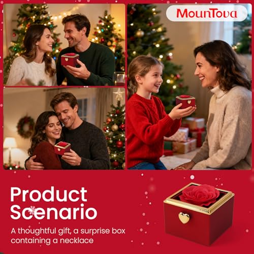 mountova Valentine’s Day Gift for Her Preserved Rose Surprise Box with Heart Necklace, Luxury Flip Jewelry Box, Romantic G...