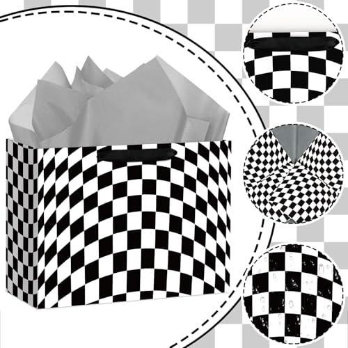 Hooqict Large Checkered Gift Bag Black and White Racing Car Gift Wrap Bag with Handles, Tissue Paper, Greeting Cards for K...