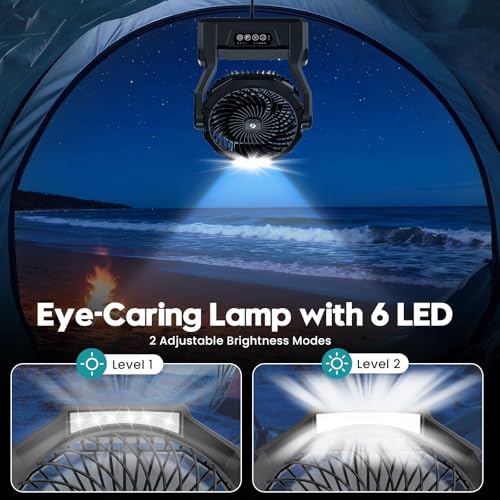 XZK Camping Fan, 20000mAh Rechargeable Battery Powered Fan with LED Lantern, Cordless Portable Tent Fan with Hanging Hook,...