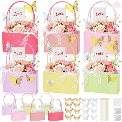 Cinrobiye Floral Gift Bag Set,12 Pcs Paper Flower Gift Bags with Handles, Ribbon, Card Holders, Cards, 3D Butterflies for ...