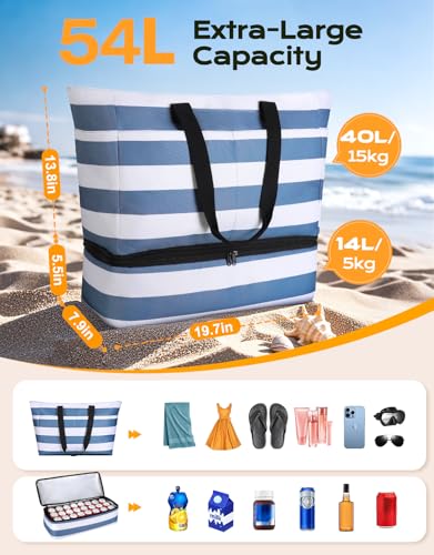 Vewaci Beach Bag with Detachable Cooler, 54L Large Beach Bags Waterproof Sandproof for Women, Travel Tote Bag for Family, Gym