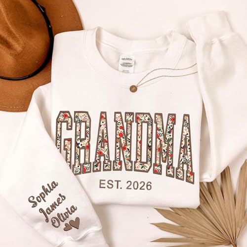 NAZENTI Personalized Floral Applique Embroidery Mama Sweatshirt, Custom Grandma Sweatshirt, Mama Gifts Christmas Mother's Day