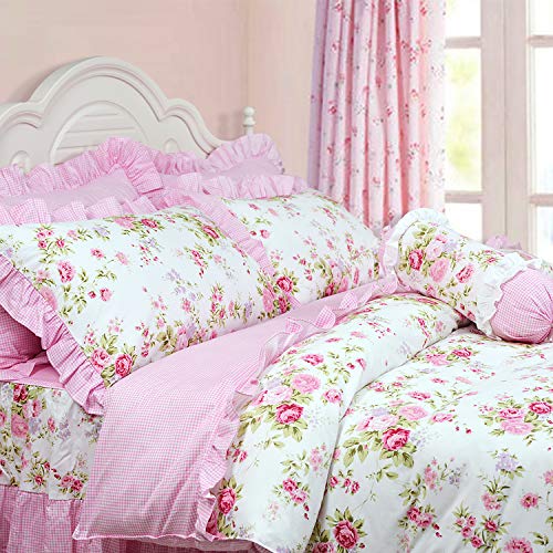 FADFAY Shabby Pink Duvet Cover Set Rose Floral Bedding Collection Elegant Princess Lace Ruffle Quilt Cover Set for Girls 4...