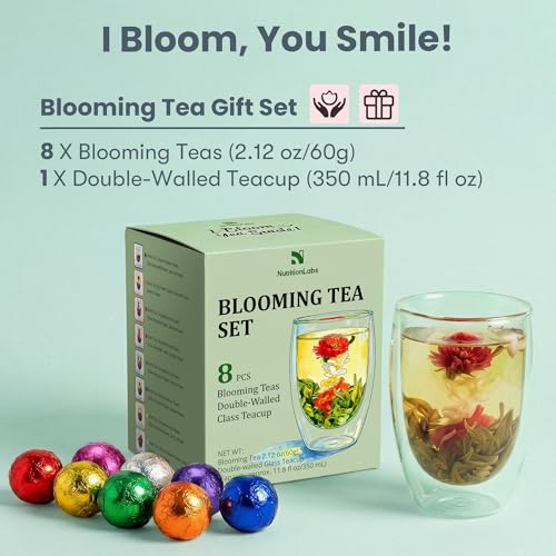 Blooming Tea Gift Set with Double-Walled Glass Teacup, 8 Handcrafted Flowering Tea Balls, Artisan Green Tea and Flower Var...