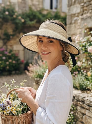 AlturaGo Sun Visor Hat for Women Wide Brim Ponytail Straw Hat UV UPF Summer Beach Vacation Packable Foldable Travel