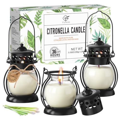 Citronella Candles Outdoor 3 Pack, DEET-Free Soy Wax Candles with Upgraded Metal Lantern Design, Long Burning Lemongrass C...