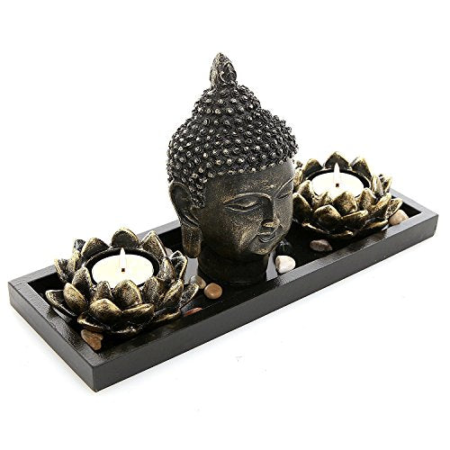 MyGift Black Buddha Head Sculpture Zen Garden Set with Lotus Tealight Candle Holders and Wooden Display Tray, Decorative T...