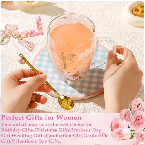 Personalized Gifts for Women Flower Double Wall Cute Novelty Monogrammed Glass Coffee Mug Tea Cup with Spoon Customized We...