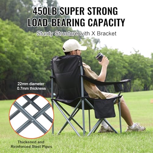 VEVOR Oversized Camping Folding Chair, Portable Heavy Duty Outdoor Quad Lumbar Back Padded with Side Pockets, Cup Holder a...