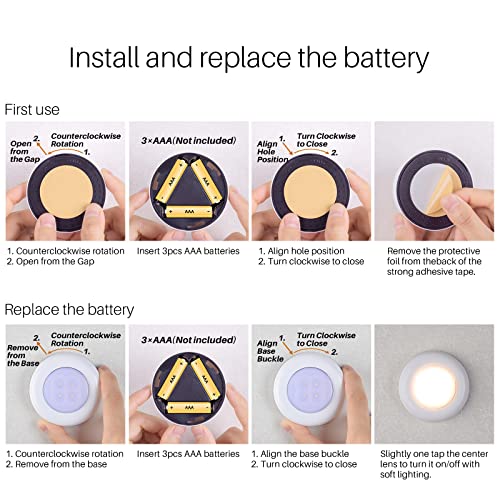 STAR-SPANGLED Push Tap Light, 2.8” Mini Night Touch LED Puck Lamp, Portable Under Cabinet Lighting AAA Battery Operated Po...