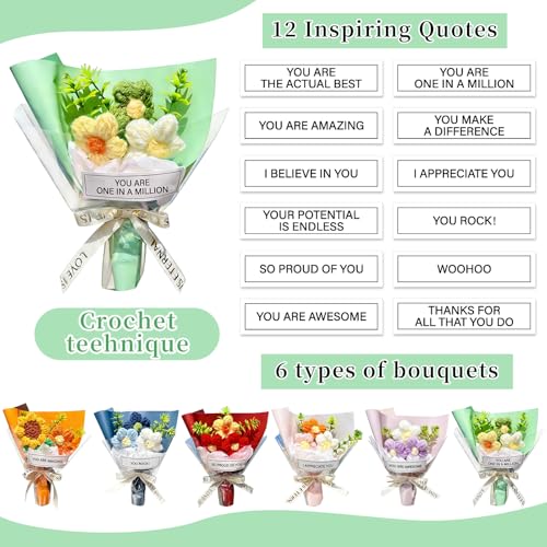Riceshoot 12 Pcs Inspirational Crochet Gifts Positive Handmade Mini Crochet Flowers Bouquet Thank You Flower Bouquet Appre...